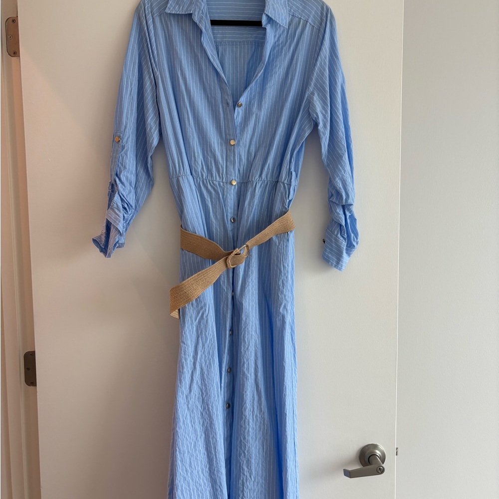 Zara Blue Tan 3/4 Sleeve Shirt Dress